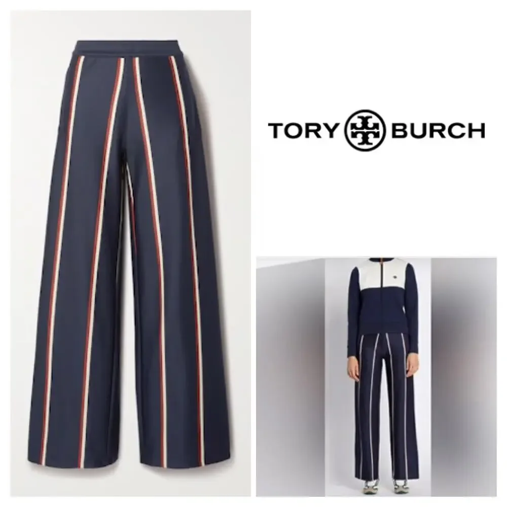 Tory Burch Sport Retro Luxury Wide Leg Trousers Pants S Navy Blue Stripe Y2K - Picture 11 of 11